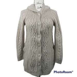 INIS CRAFTS IRELAND Merino Wool Oatmeal Button Down Hooded Cable Knit Sweater S